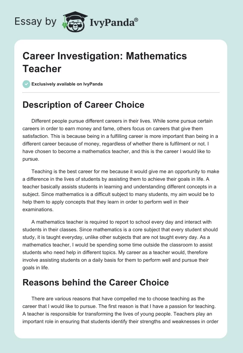 Career Investigation: Mathematics Teacher. Page 1