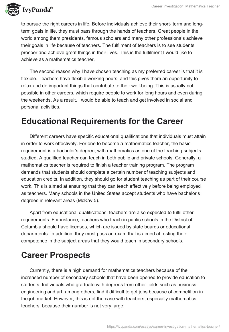 Career Investigation: Mathematics Teacher. Page 2