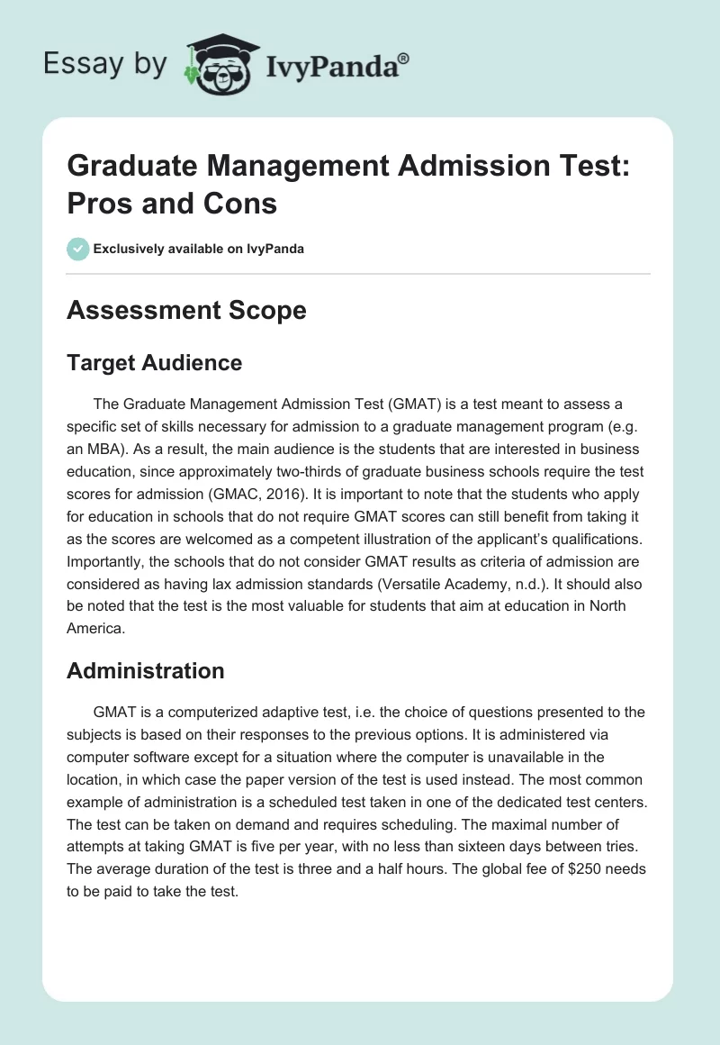 Graduate Management Admission Test: Pros and Cons. Page 1