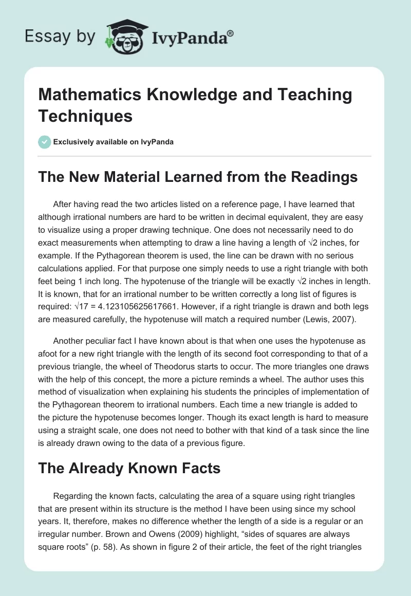 Mathematics Knowledge and Teaching Techniques. Page 1