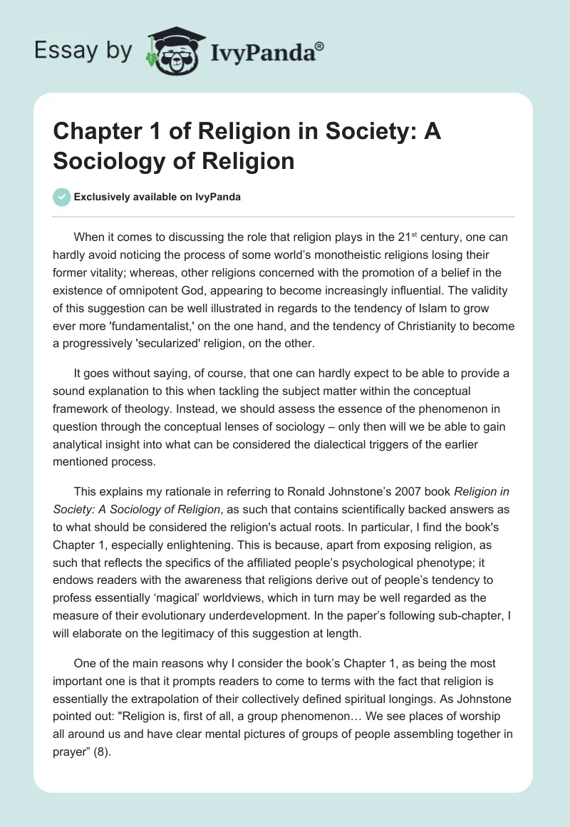 Chapter 1 of "Religion in Society: A Sociology of Religion". Page 1