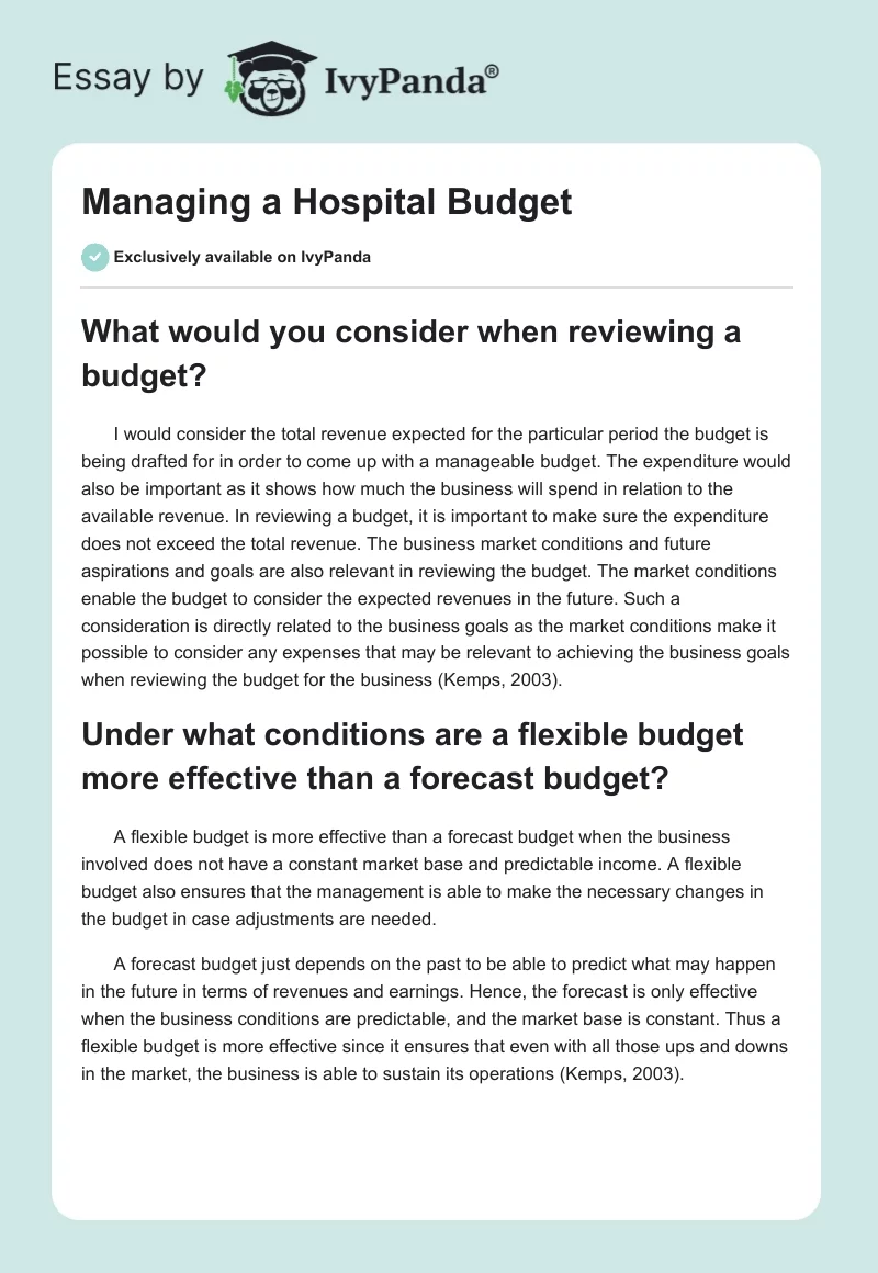 Managing a Hospital Budget. Page 1