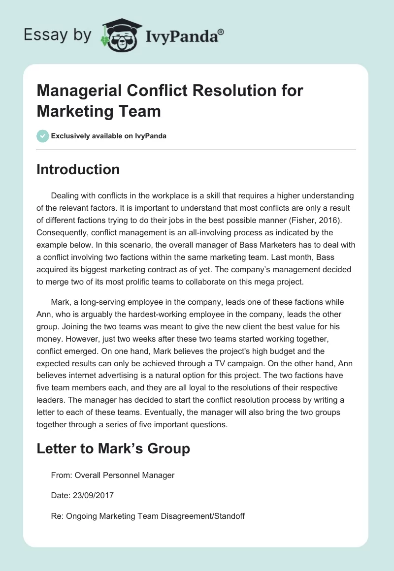 Managerial Conflict Resolution for Marketing Team. Page 1