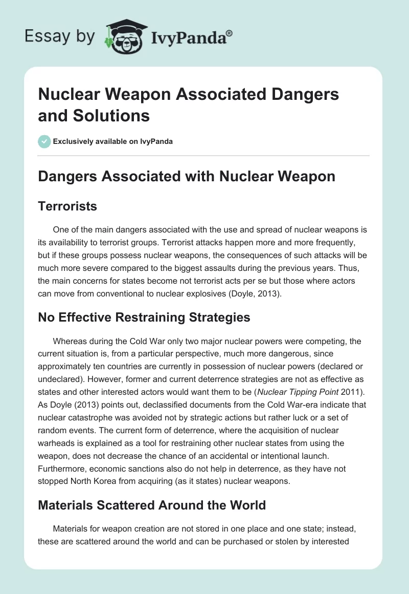 Nuclear Weapon Associated Dangers and Solutions. Page 1