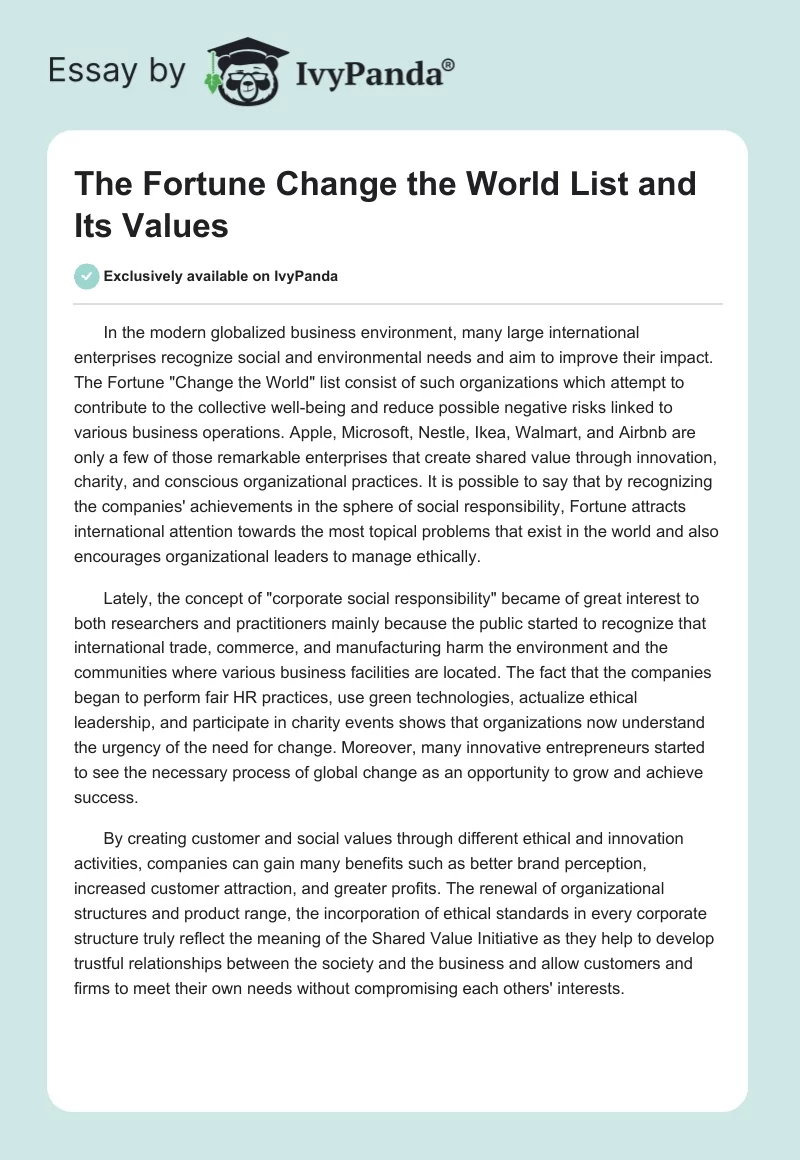 The Fortune "Change the World" List and Its Values. Page 1