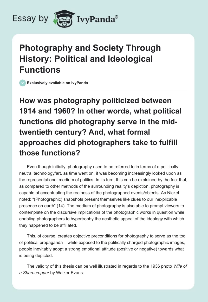 Photography and Society Through History: Political and Ideological Functions. Page 1