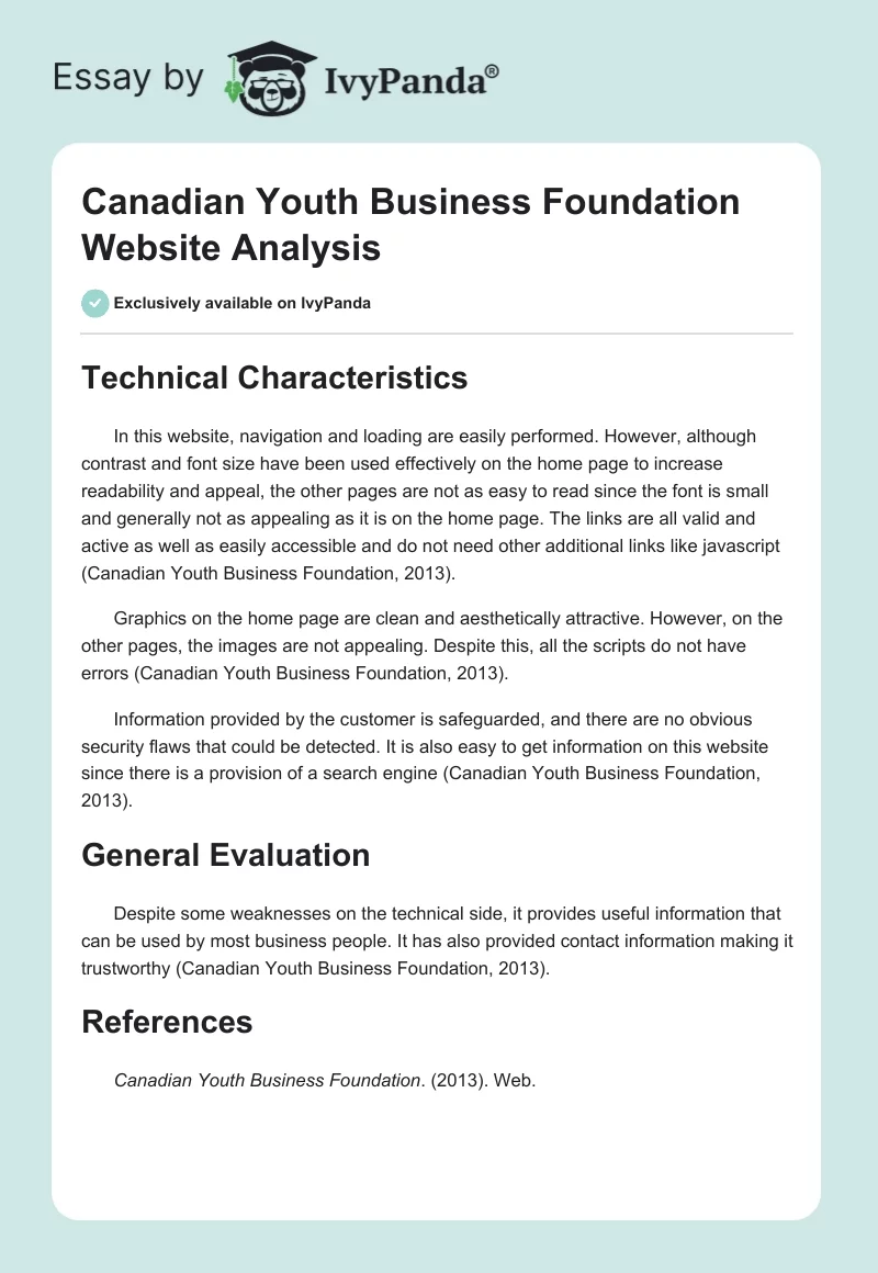 Canadian Youth Business Foundation Website Analysis. Page 1