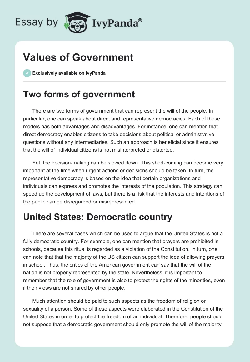 Values of Government. Page 1