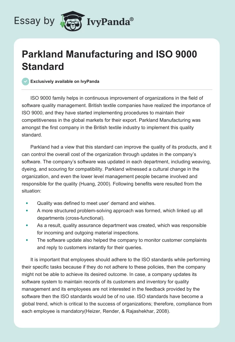 Parkland Manufacturing and ISO 9000 Standard. Page 1