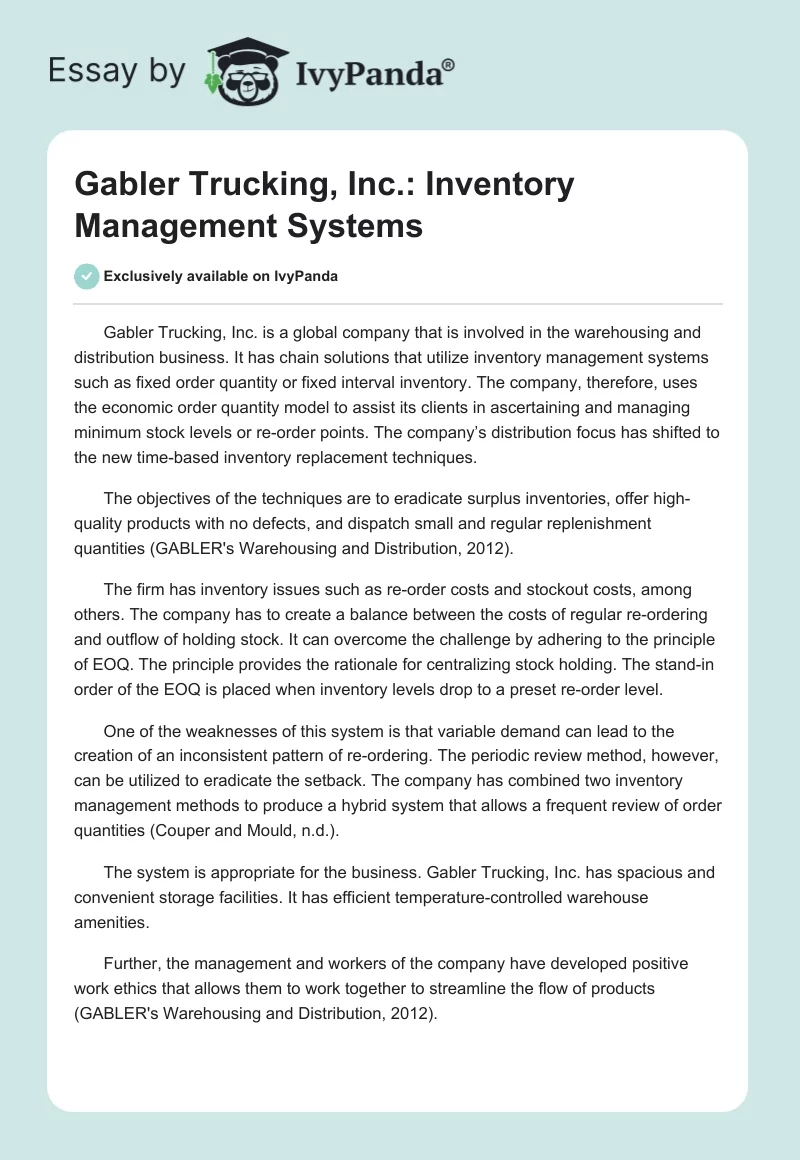 Gabler Trucking, Inc.: Inventory Management Systems. Page 1