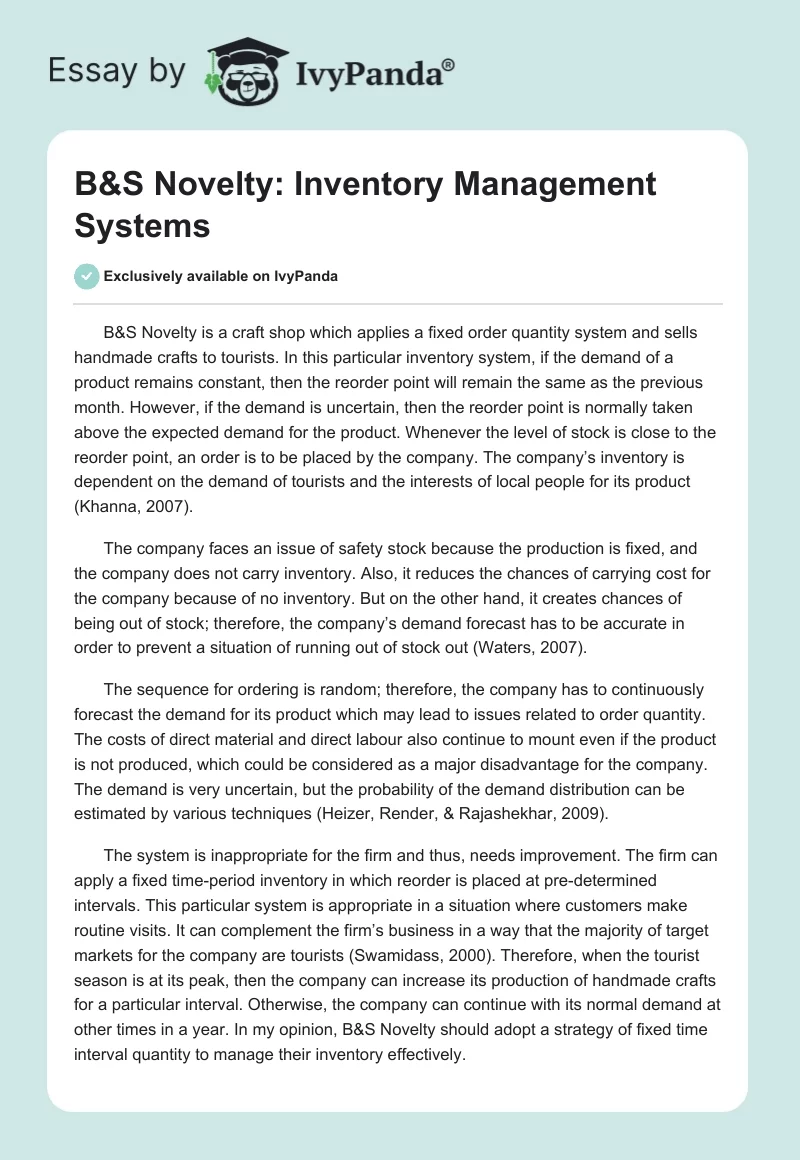 B&S Novelty: Inventory Management Systems. Page 1