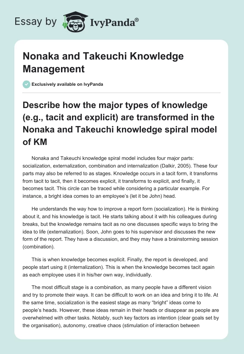 Nonaka and Takeuchi Knowledge Management. Page 1