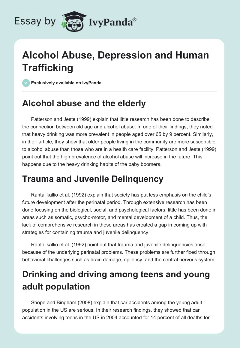 Alcohol Abuse, Depression and Human Trafficking. Page 1