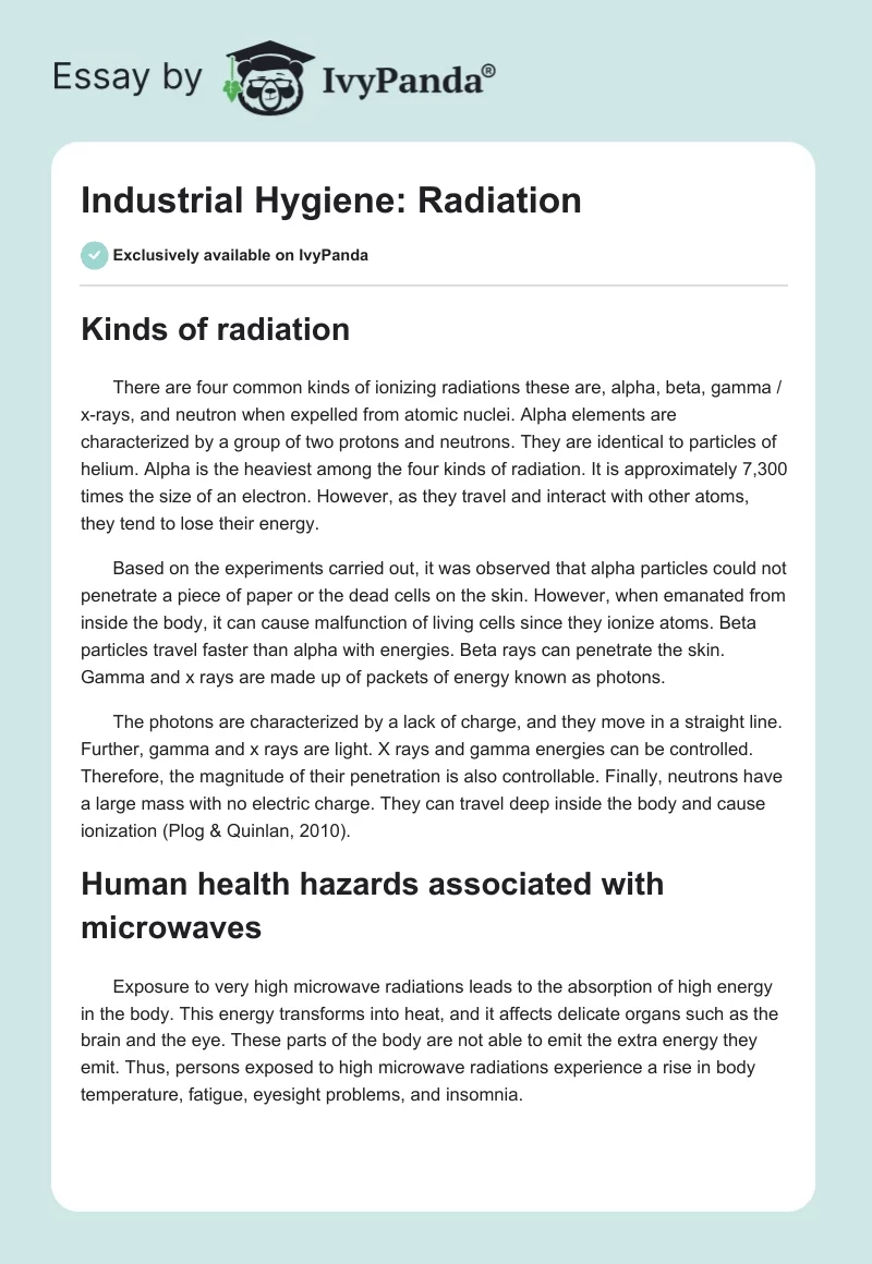 Industrial Hygiene: Radiation. Page 1