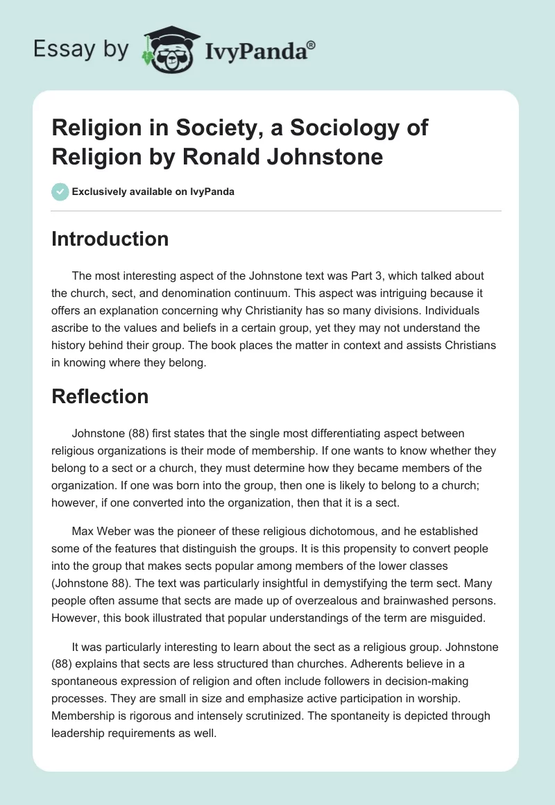 "Religion in Society, a Sociology of Religion" by Ronald Johnstone. Page 1