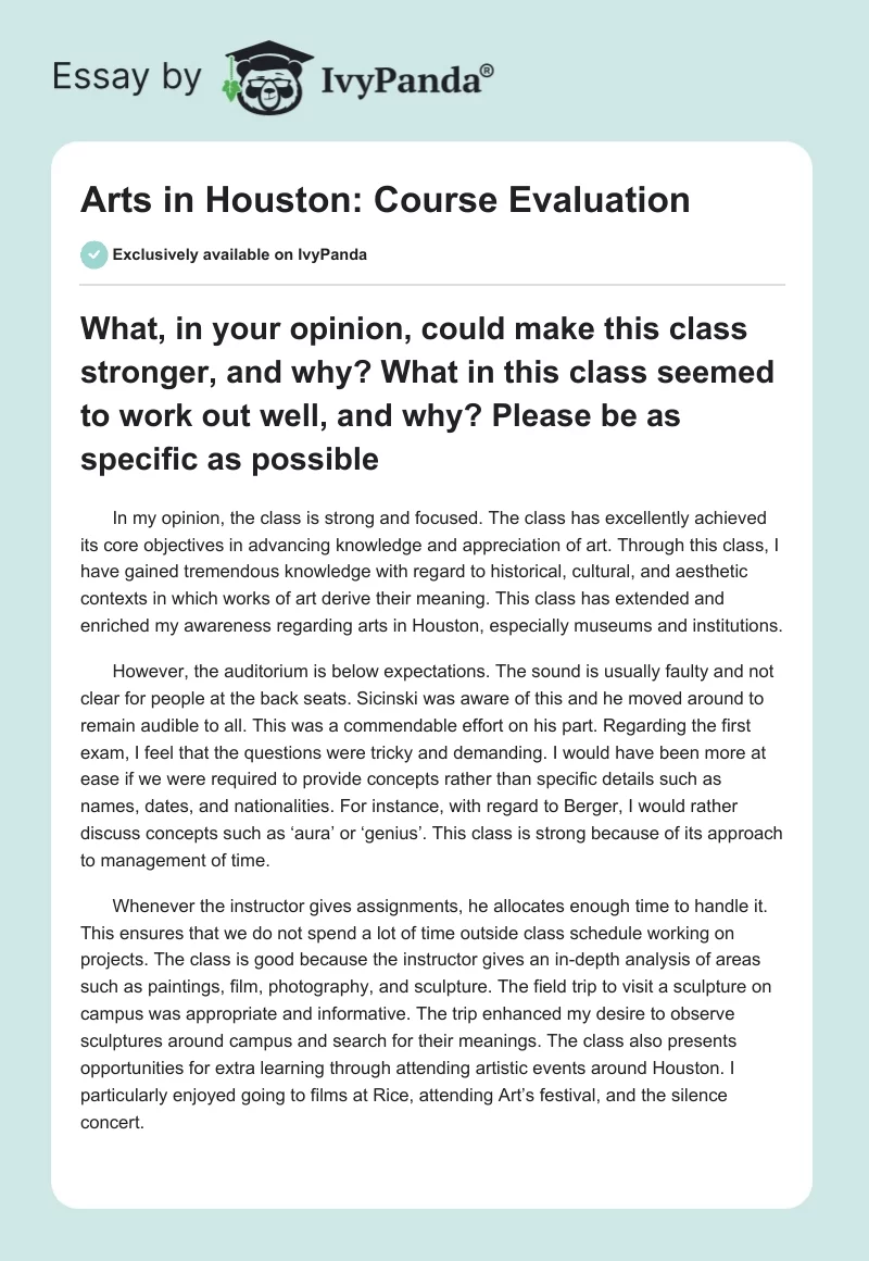 Arts in Houston: Course Evaluation. Page 1