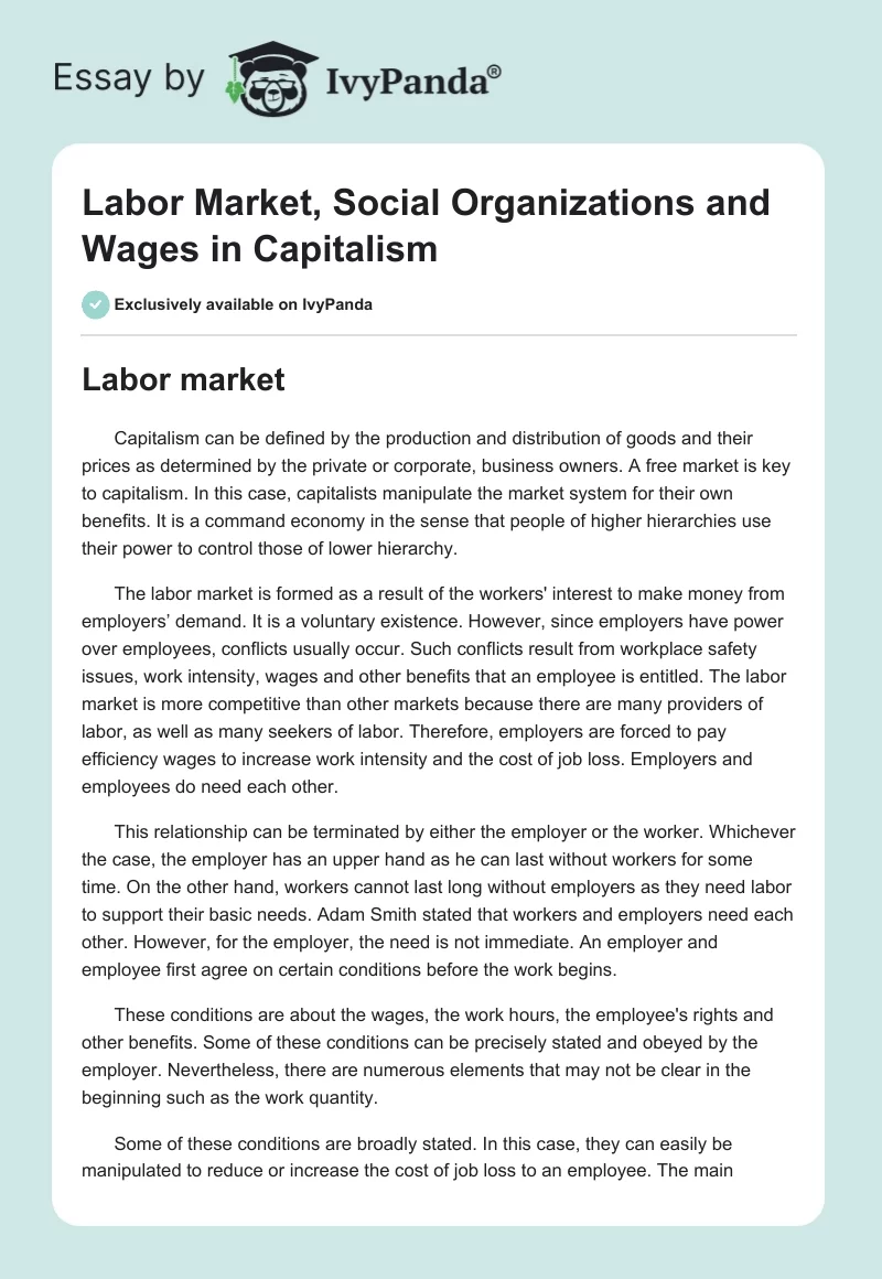 Labor Market, Social Organizations and Wages in Capitalism. Page 1