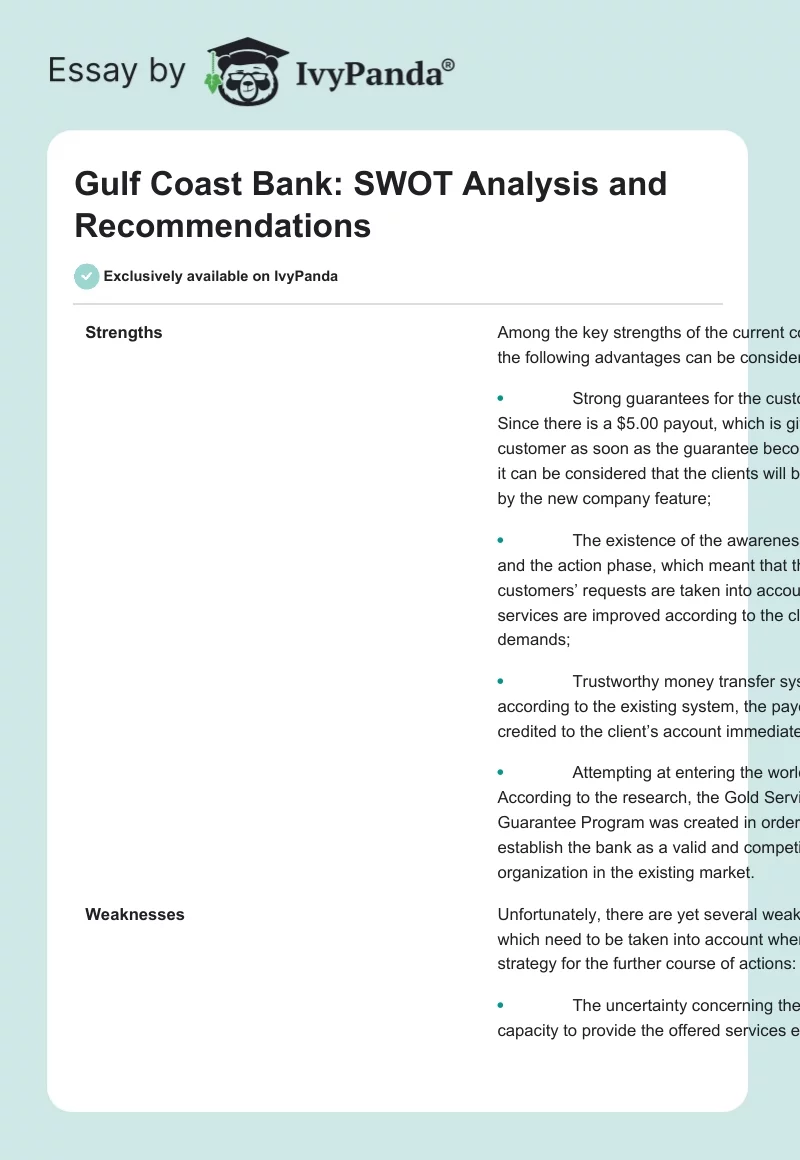 Gulf Coast Bank: SWOT Analysis and Recommendations. Page 1
