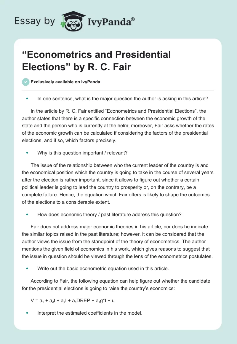 “Econometrics and Presidential Elections” by R. C. Fair. Page 1