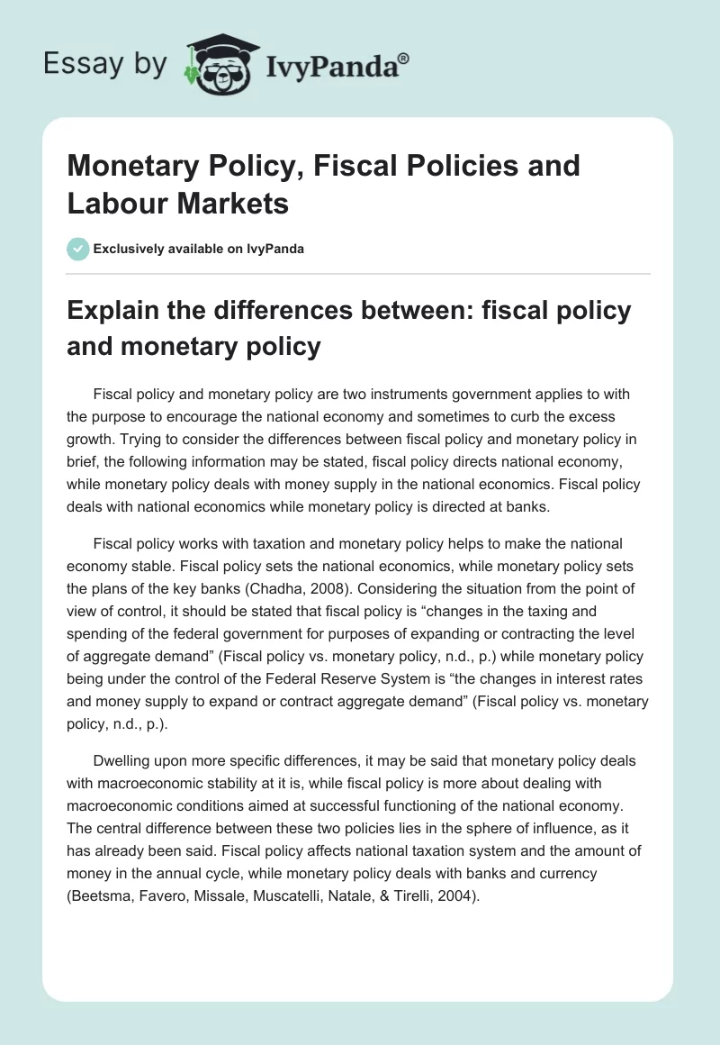 Monetary Policy, Fiscal Policies and Labour Markets. Page 1