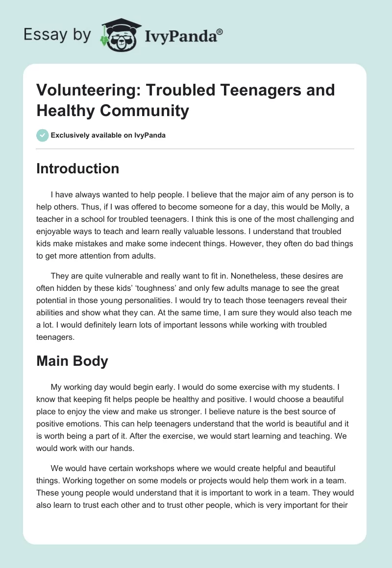 Volunteering: Troubled Teenagers and Healthy Community. Page 1