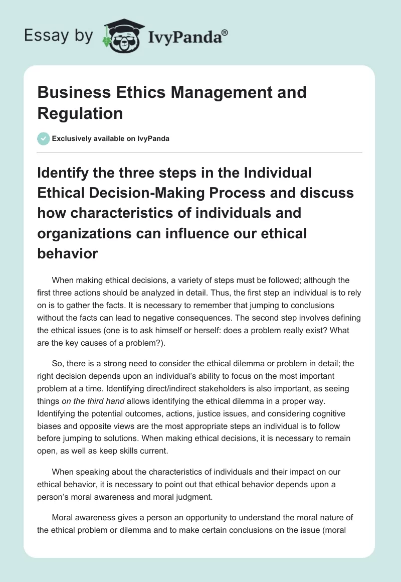 Business Ethics Management and Regulation. Page 1