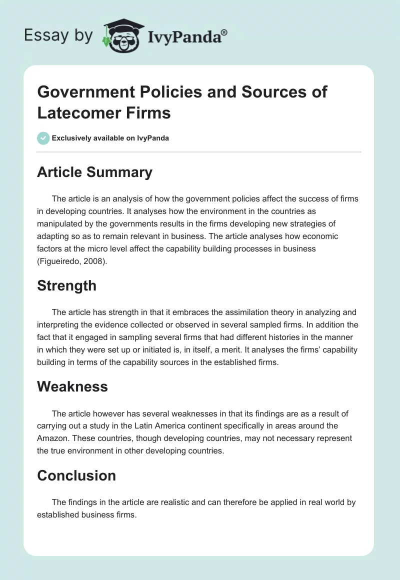 Government Policies and Sources of Latecomer Firms. Page 1