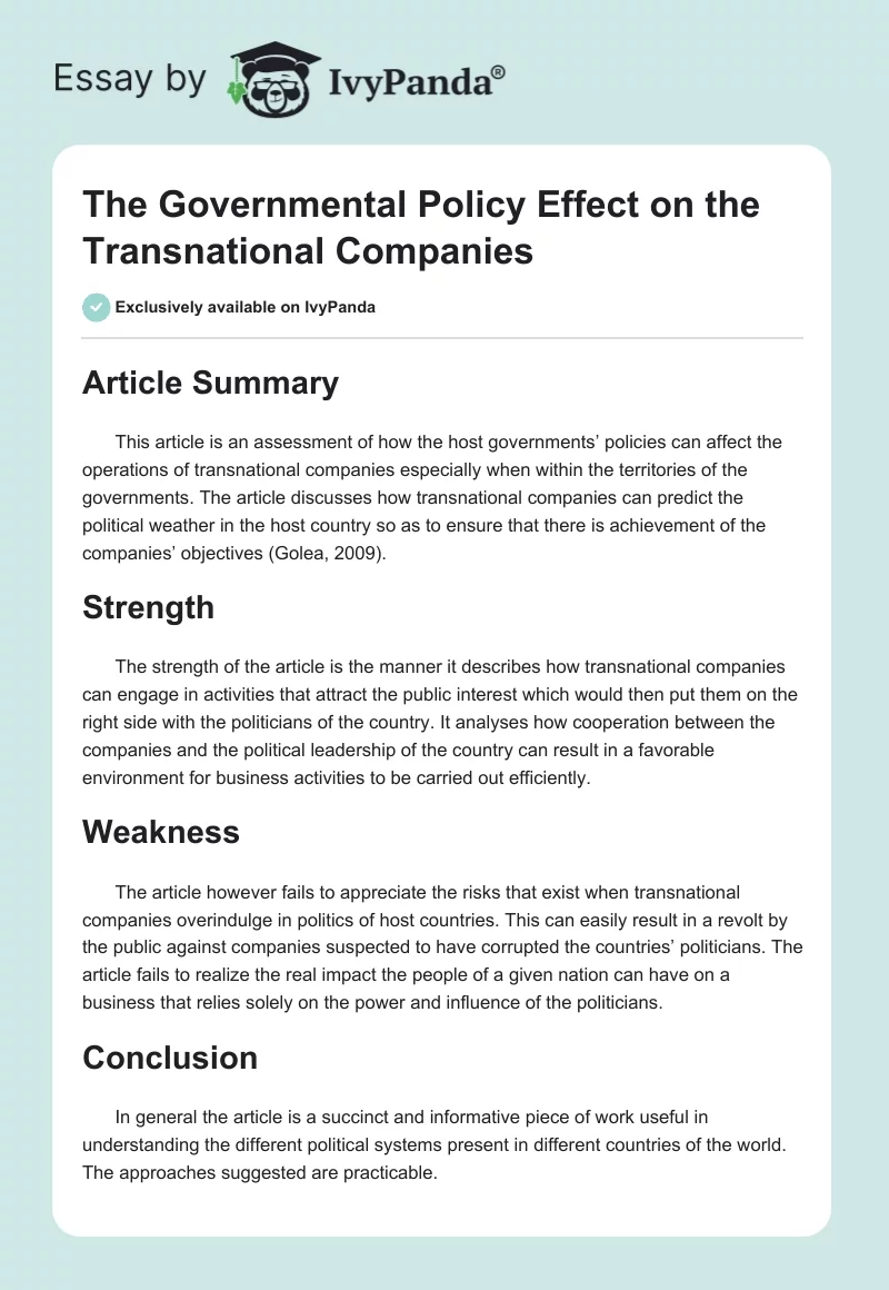 The Governmental Policy Effect on the Transnational Companies. Page 1