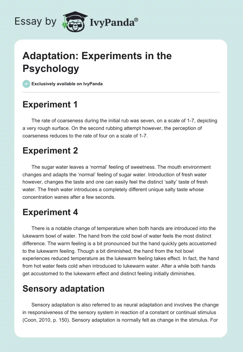 Adaptation: Experiments in the Psychology. Page 1