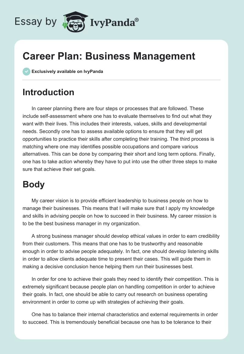 Career Plan: Business Management. Page 1