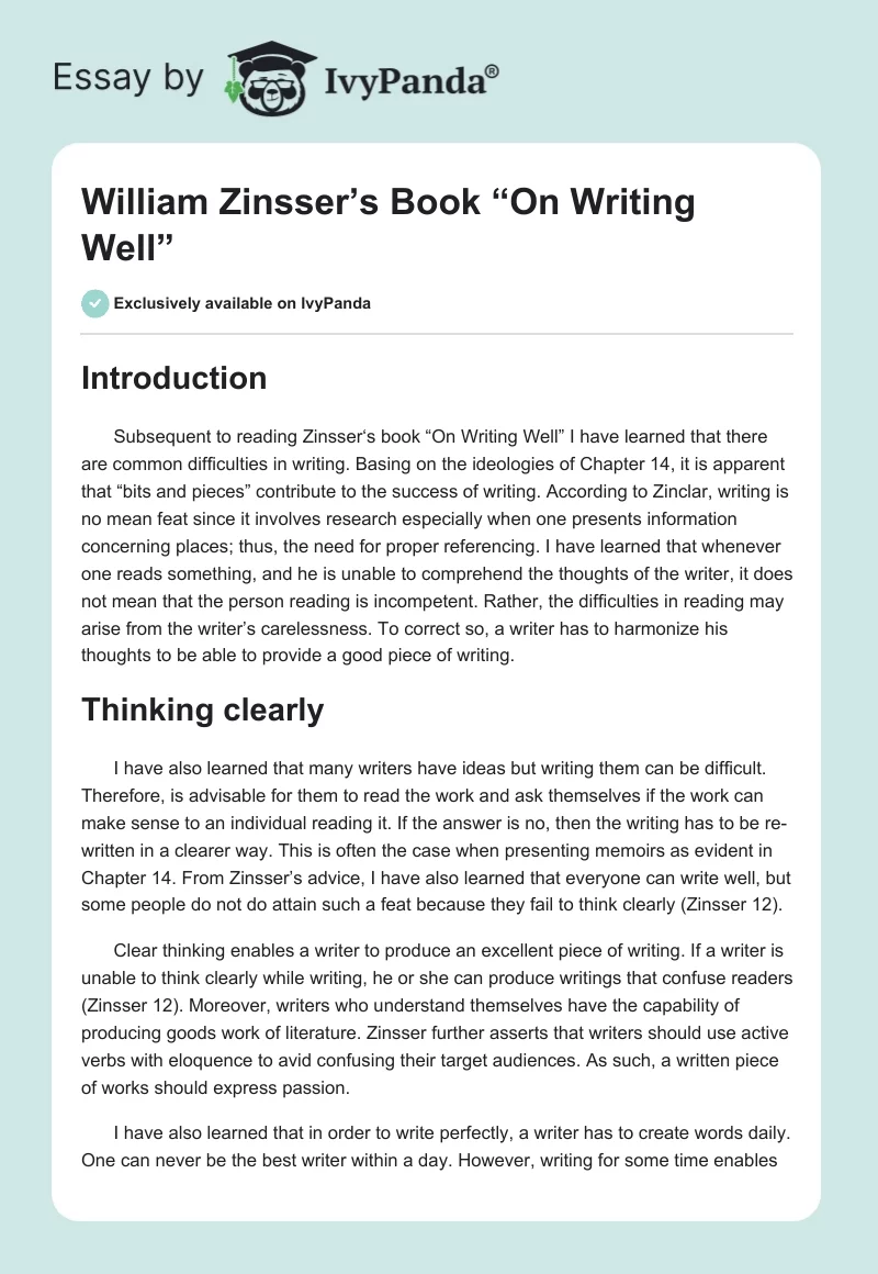 William Zinsser’s Book “On Writing Well”. Page 1