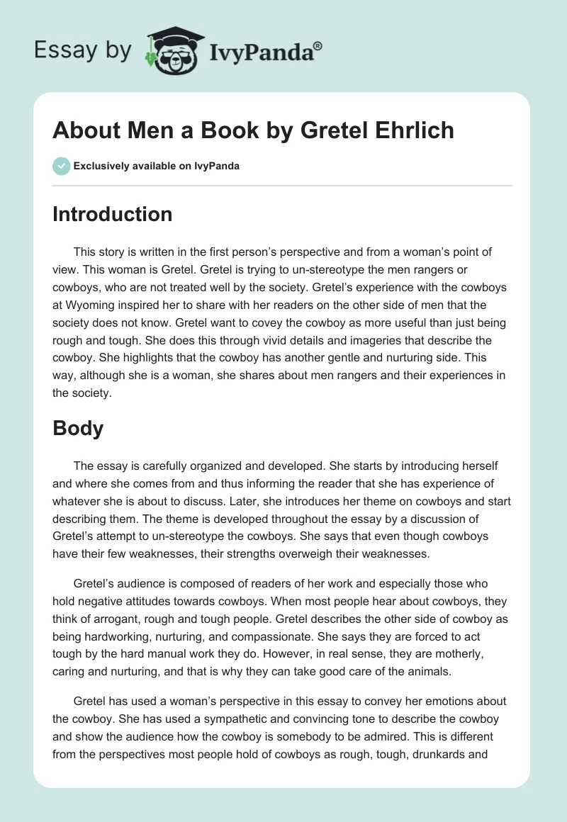 "About Men" a Book by Gretel Ehrlich. Page 1