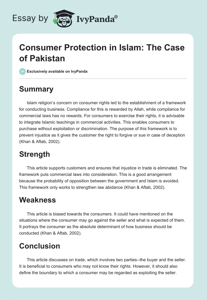 Consumer Protection in Islam: The Case of Pakistan. Page 1