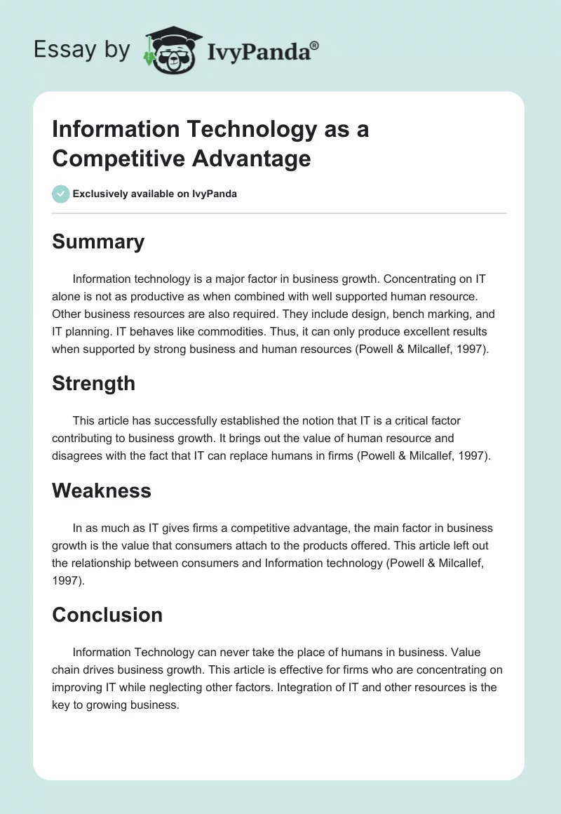 Information Technology as a Competitive Advantage. Page 1
