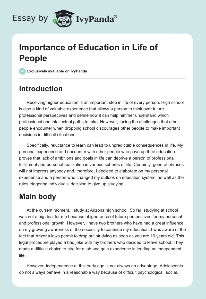 Importance of Education in the Life of People. Page 1