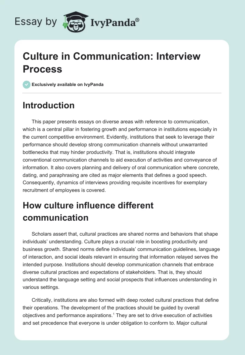 Culture in Communication: Interview Process. Page 1