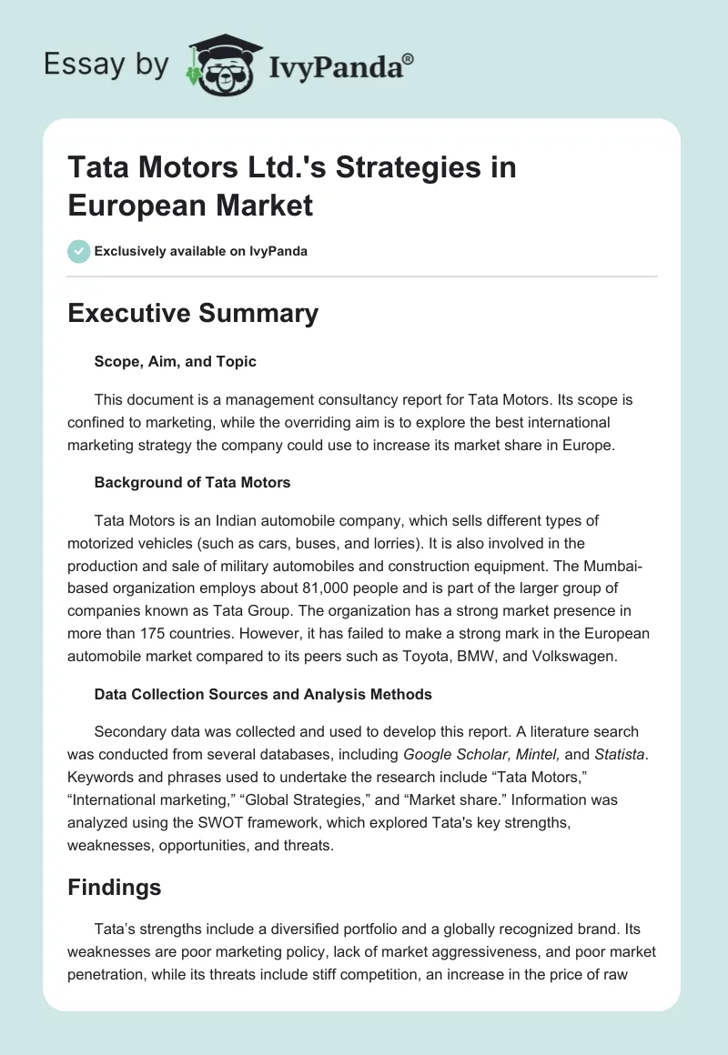 Tata Motors Ltd.'s Strategies in European Market. Page 1