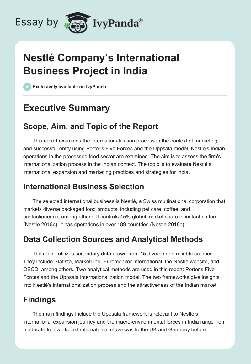 Nestlé Company’s International Business Project in India. Page 1