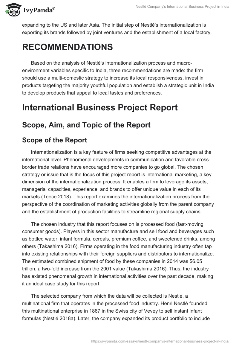 Nestlé Company’s International Business Project in India. Page 2