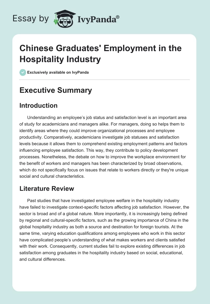 Chinese Graduates' Employment in the Hospitality Industry. Page 1