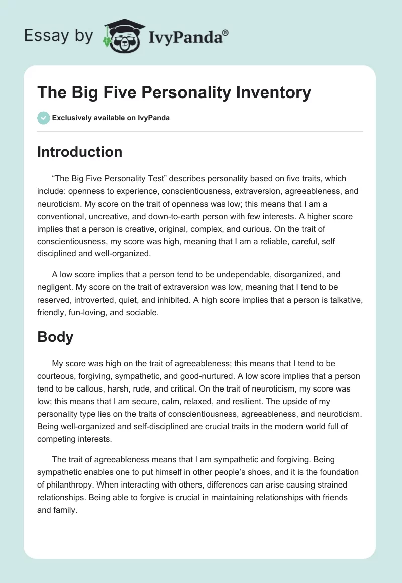 The Big Five Personality Inventory. Page 1
