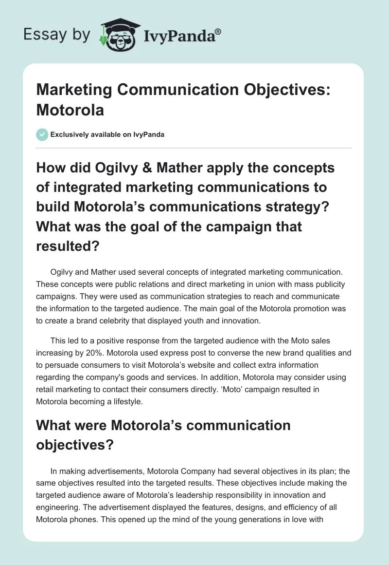Marketing Communication Objectives: Motorola. Page 1