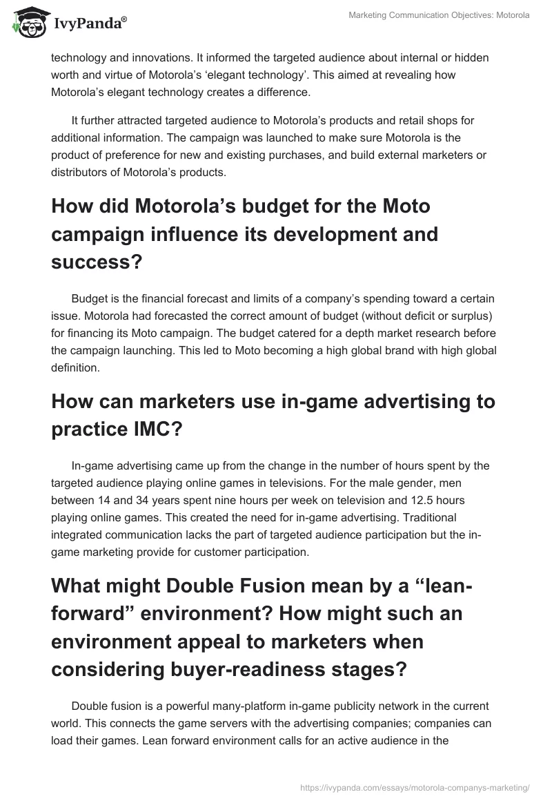 Marketing Communication Objectives: Motorola. Page 2