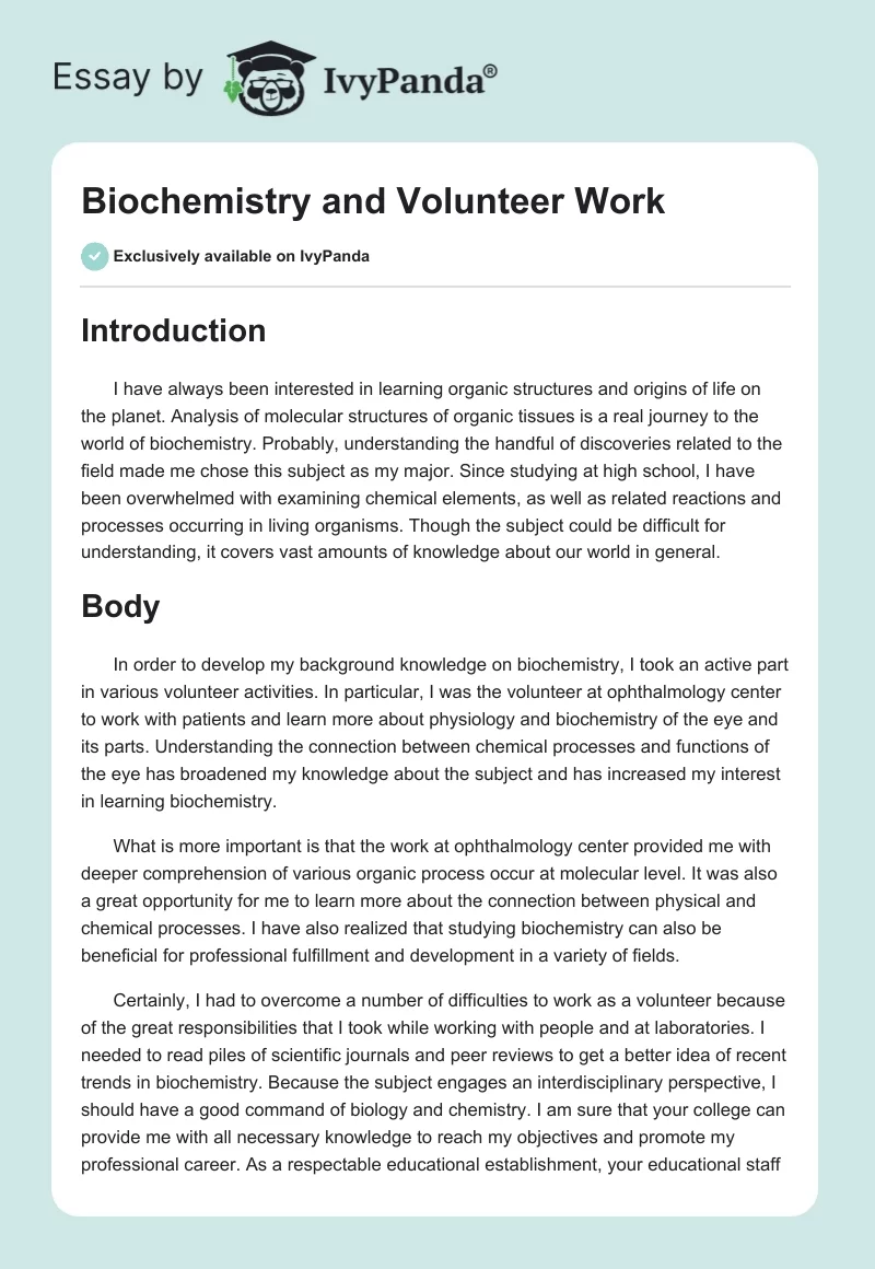 Biochemistry and Volunteer Work. Page 1