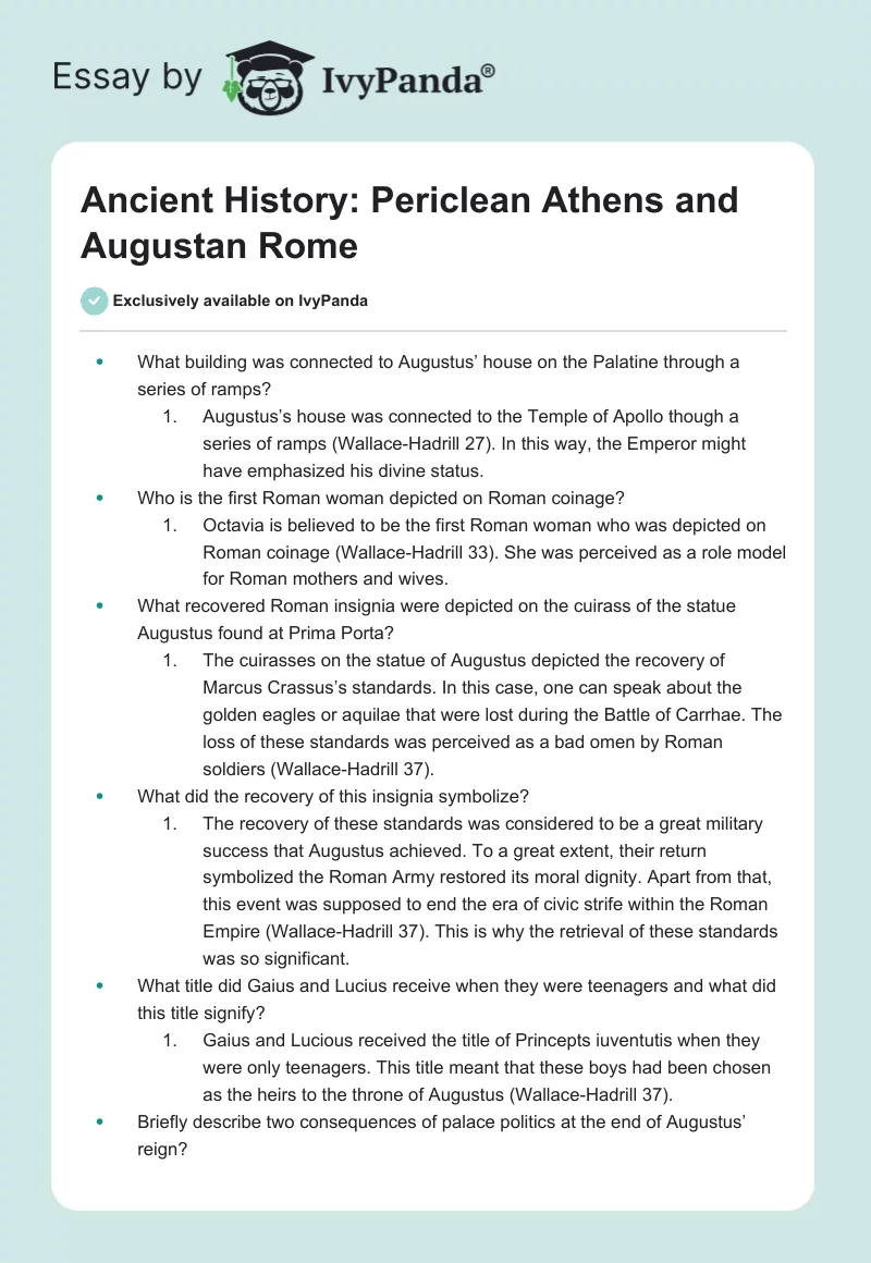 Ancient History: Periclean Athens and Augustan Rome. Page 1