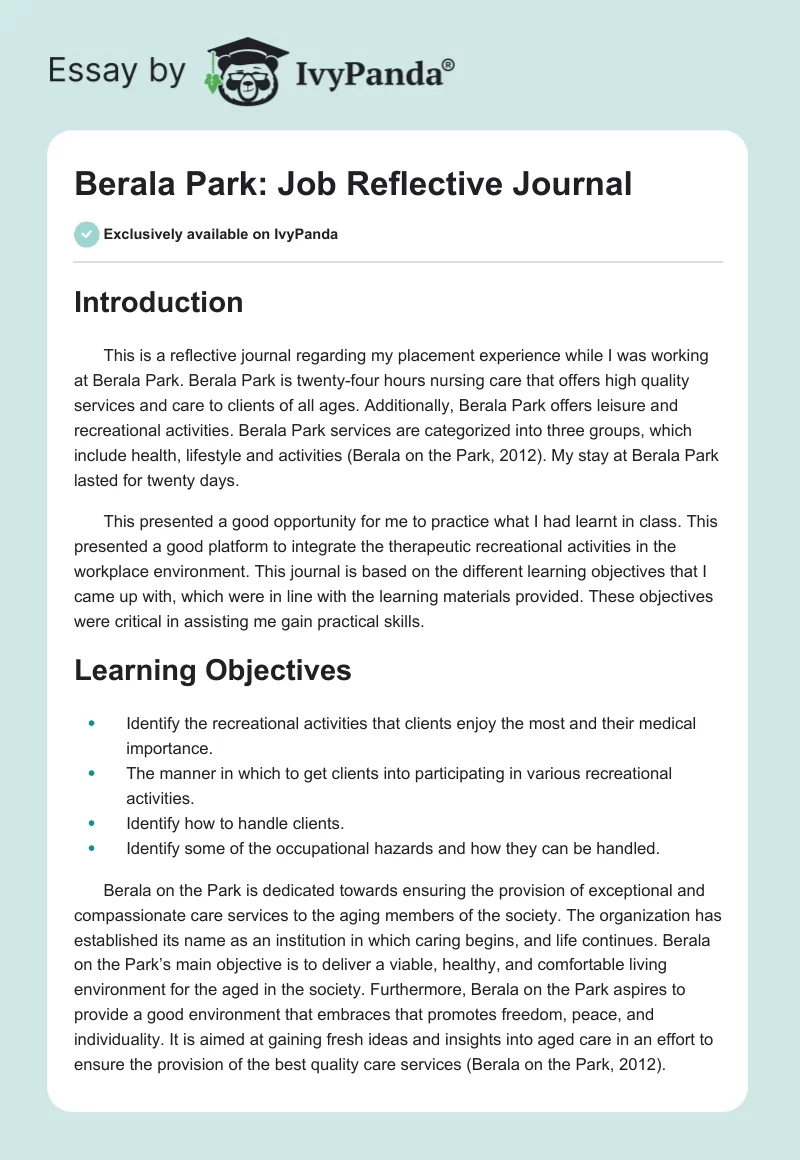 Berala Park: Job Reflective Journal. Page 1