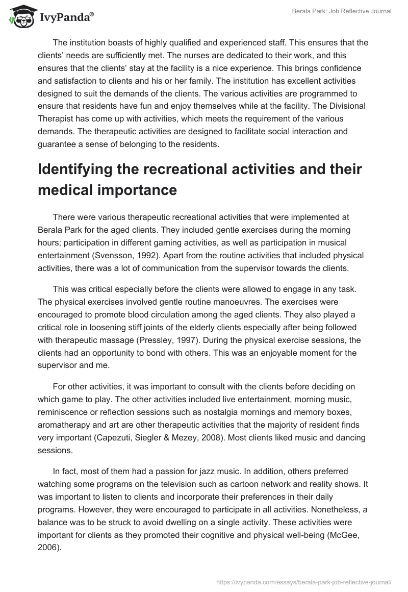 Berala Park: Job Reflective Journal. Page 2