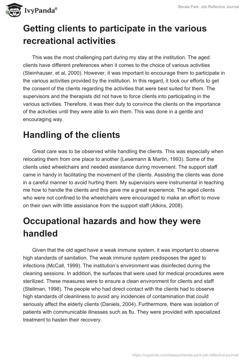 Berala Park: Job Reflective Journal. Page 3