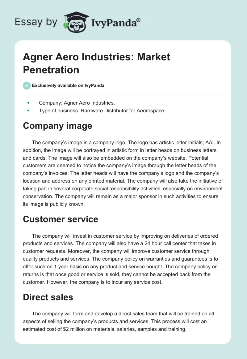 Agner Aero Industries: Market Penetration. Page 1