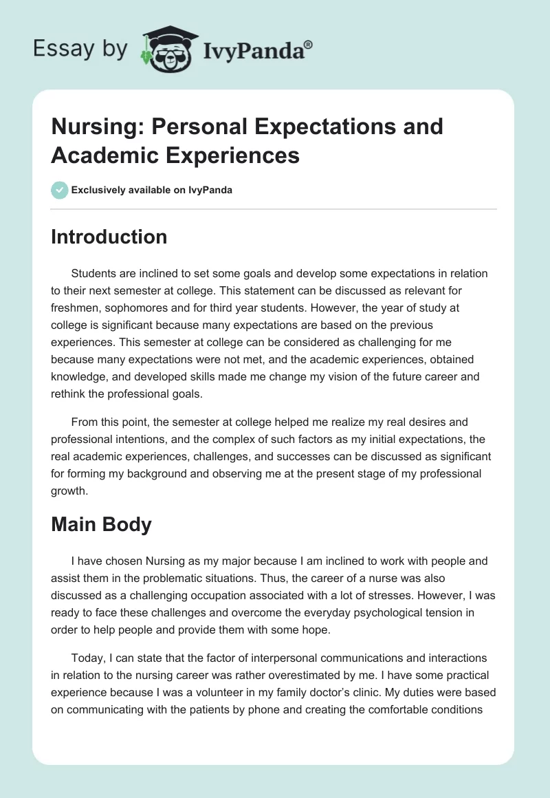 Nursing: Personal Expectations and Academic Experiences. Page 1